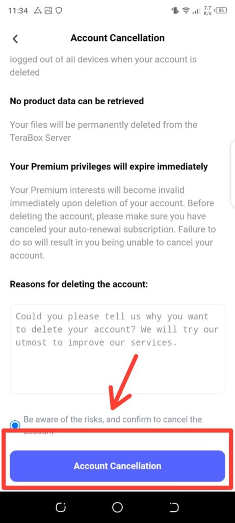 how to delete Terabox account